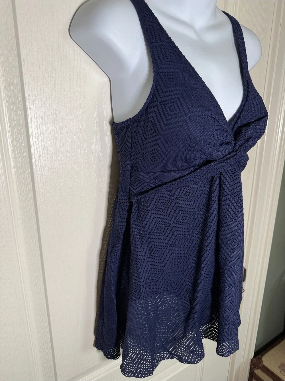 Navy Twist Front Swim Dress One Piece Lace Skirted Swimsuit Size 10